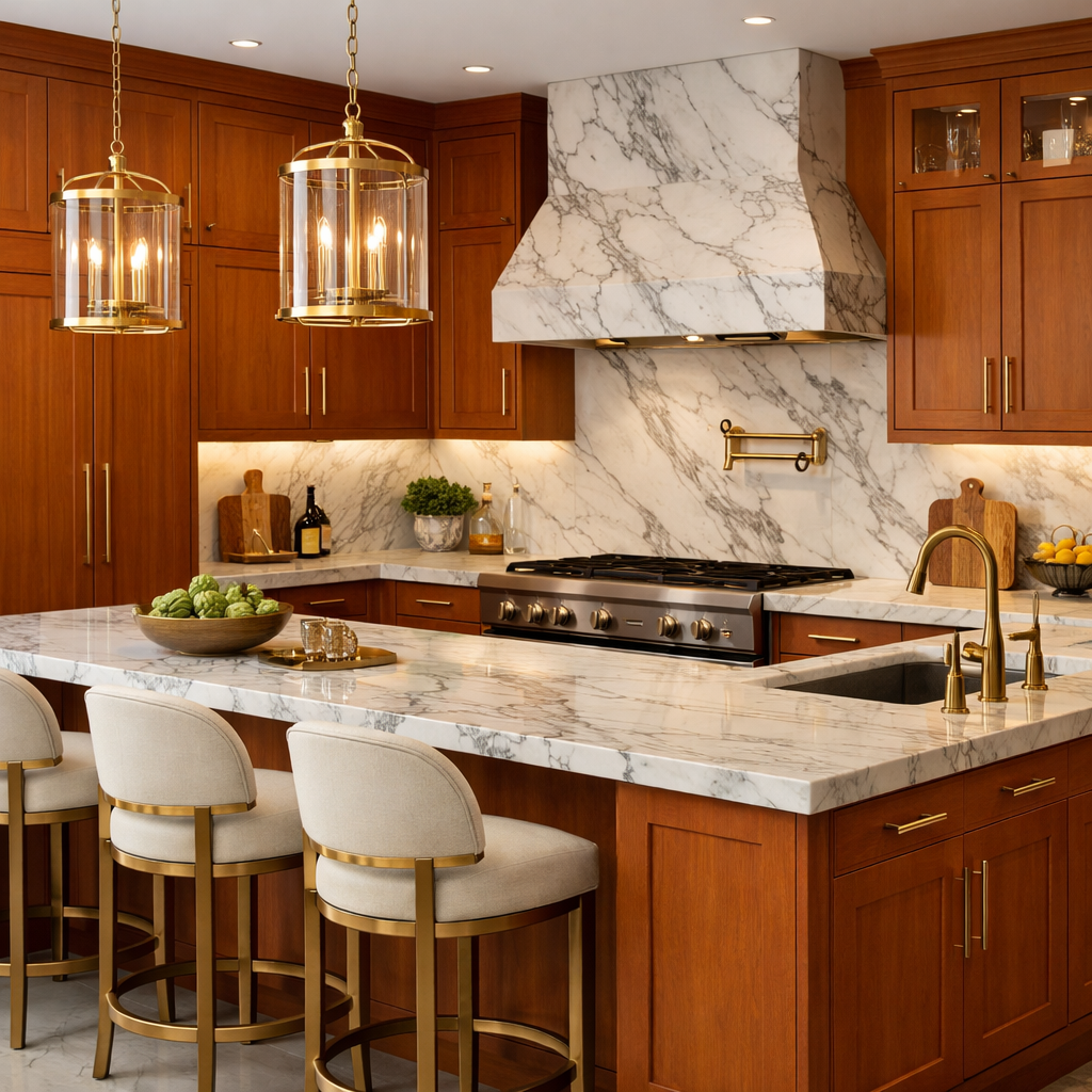 A modern kitchen featuring orange wood cabinets and white marble countertops, with gold fixtures and elegant lighting.