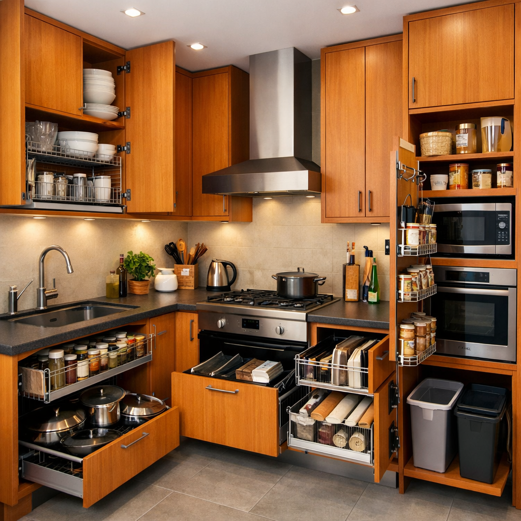 A small kitchen with orange wood cabinets, a stainless steel stove, and organized storage.