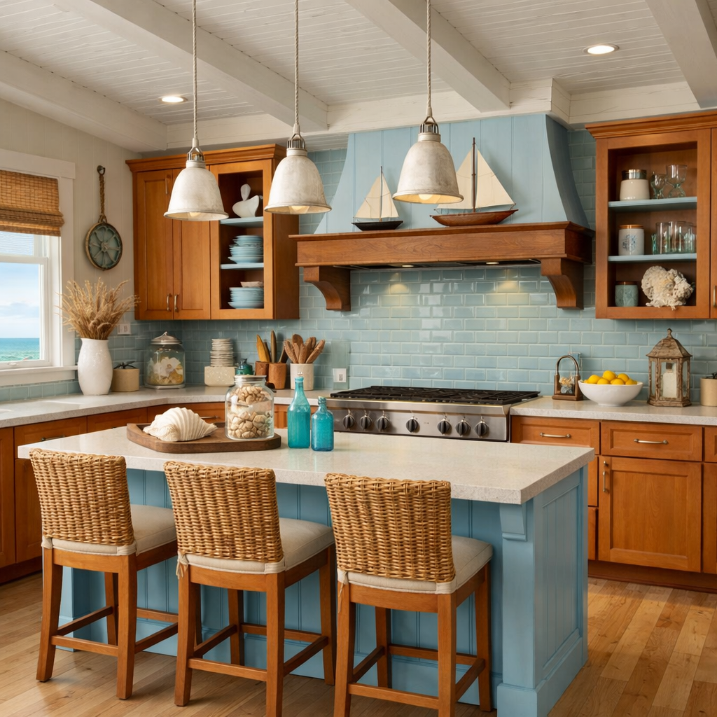 A coastal-inspired kitchen featuring orange wood cabinets, a light blue backsplash, and woven bar stools.