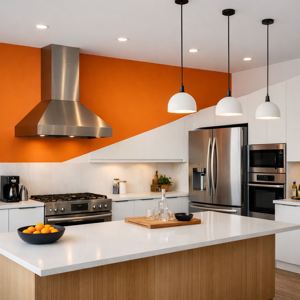 A modern kitchen with bold orange and white walls, featuring stainless steel appliances and pendant lighting.