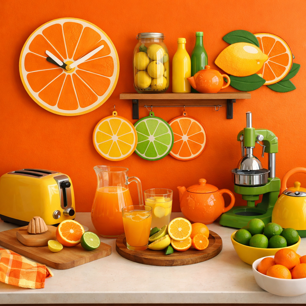 A cheerful kitchen with orange walls featuring citrus-themed decor and vibrant kitchenware.