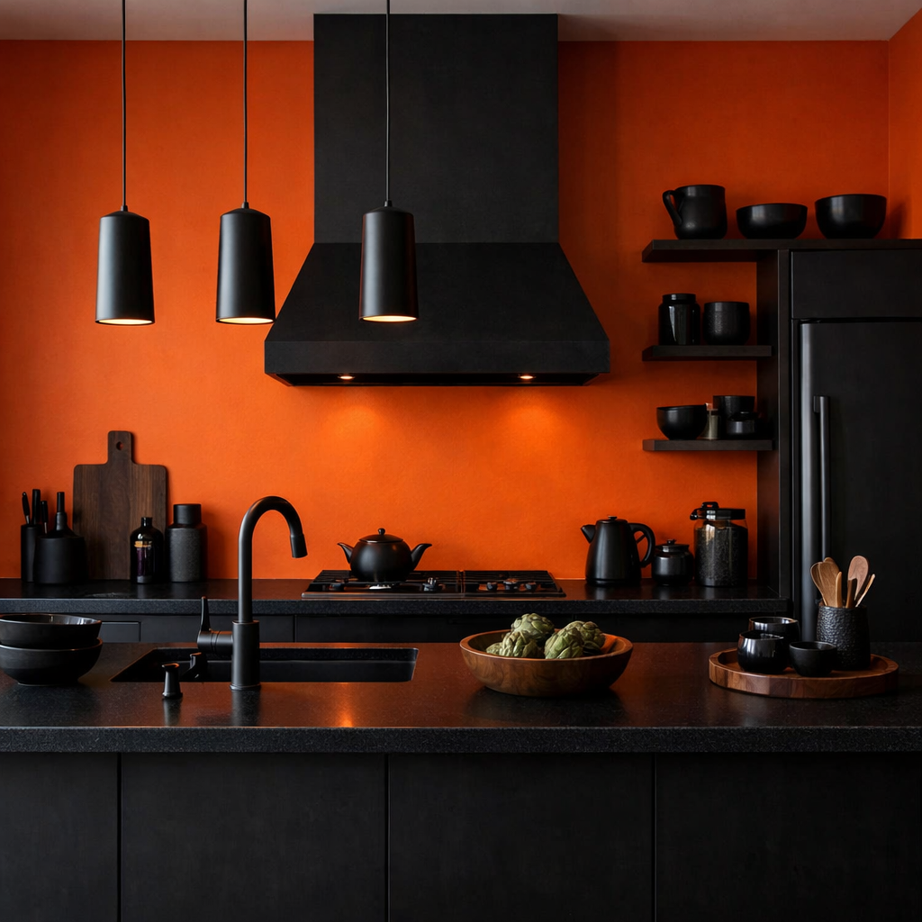 Modern kitchen with orange walls and dark accents.