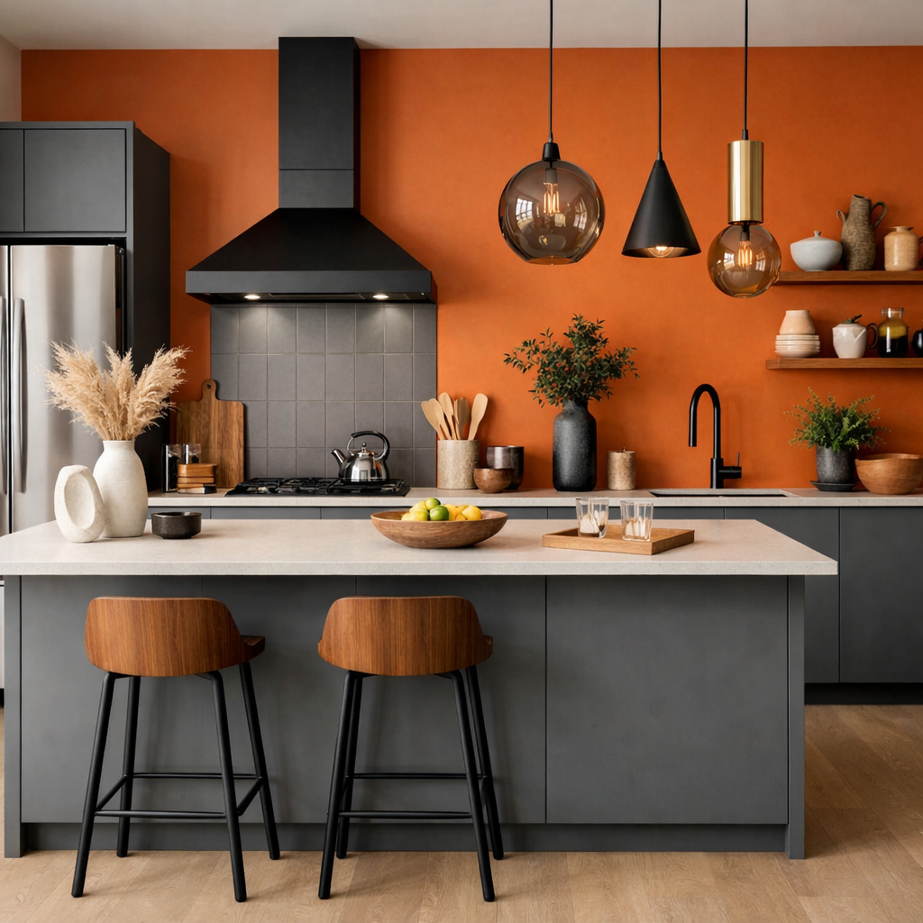 A modern kitchen with orange walls, gray cabinets, and stylish decor, featuring sleek lighting and warm wooden accents.