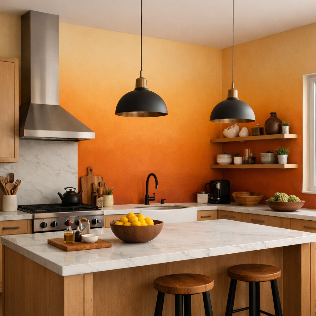 A kitchen with orange ombre walls, wooden cabinets, a marble countertop, and hanging black pendant lights.