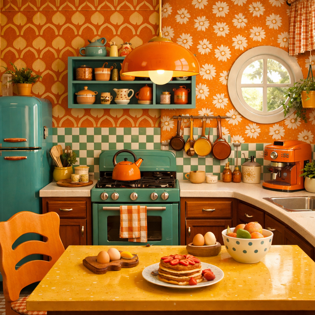 Kitchen with orange walls, playful patterns, and colorful kitchenware