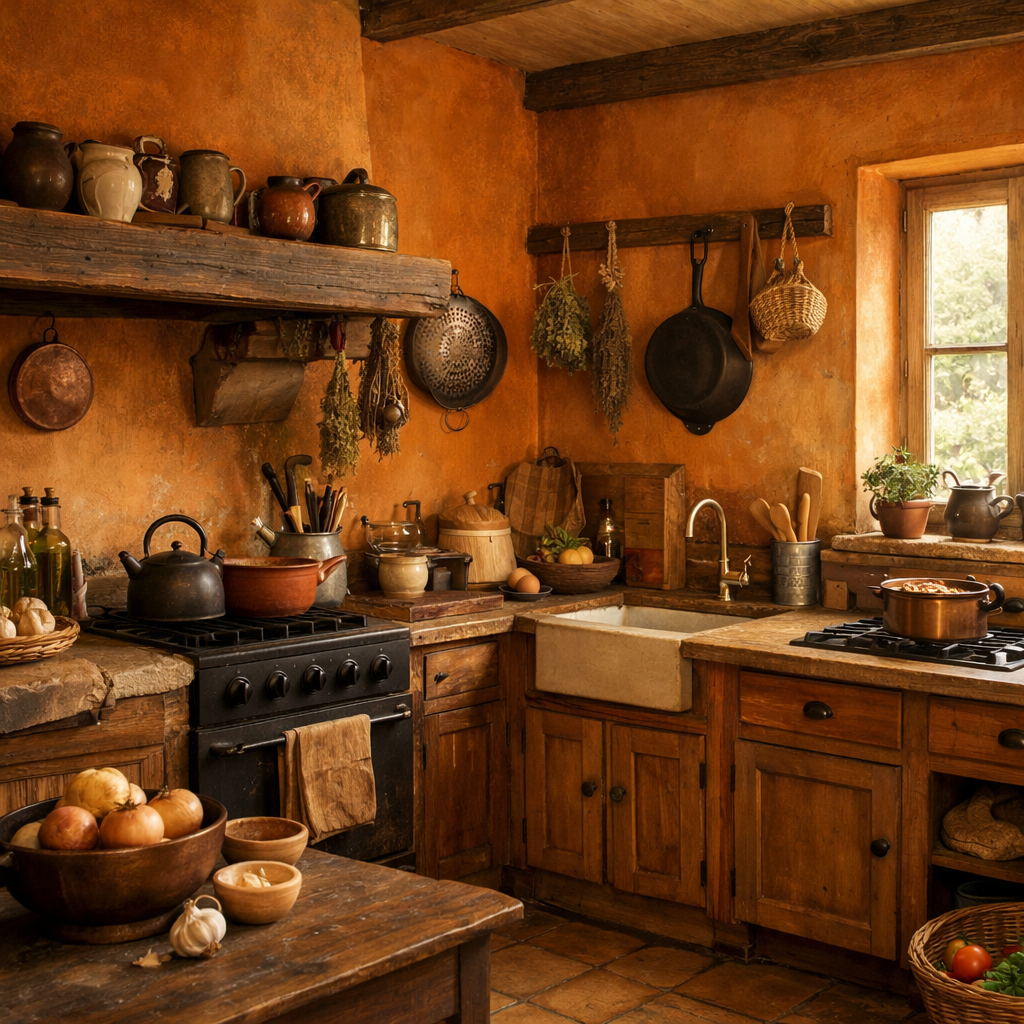 A rustic kitchen featuring warm orange walls and natural wood elements.