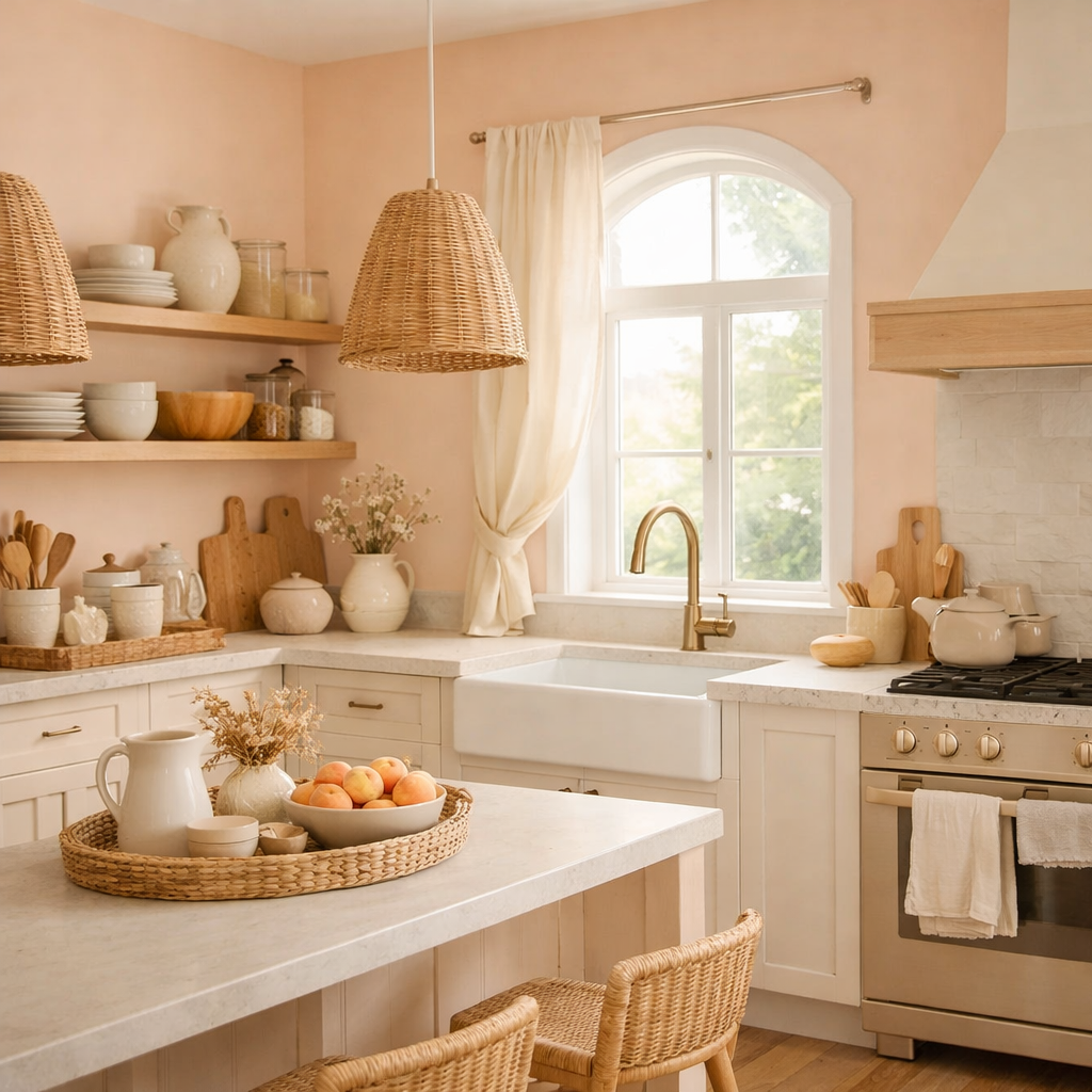 A kitchen with soft peach walls, natural wood accents, and cozy decor.