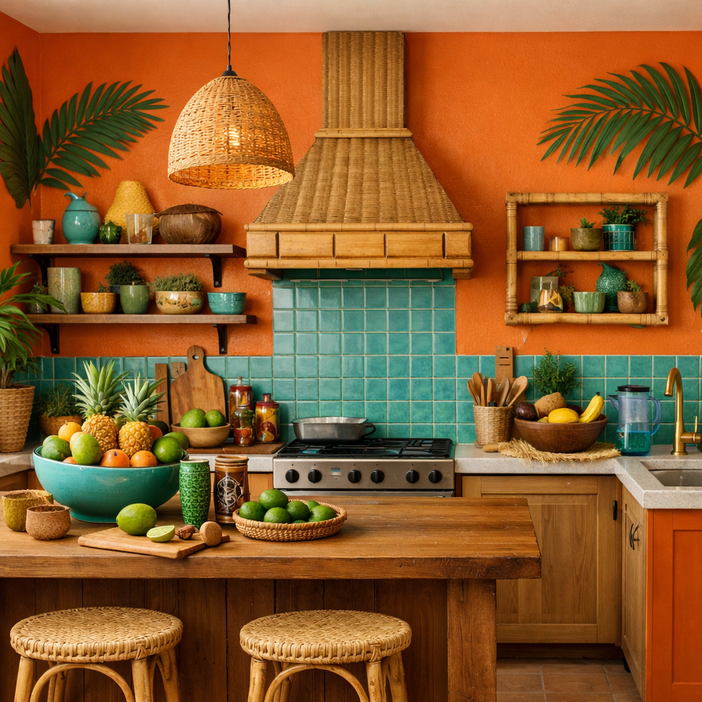 A bright orange kitchen featuring tropical elements such as plants, colorful fruits, and turquoise tiles.