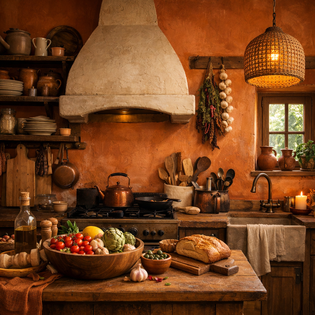 A warm terracotta kitchen with rustic decor and fresh ingredients.