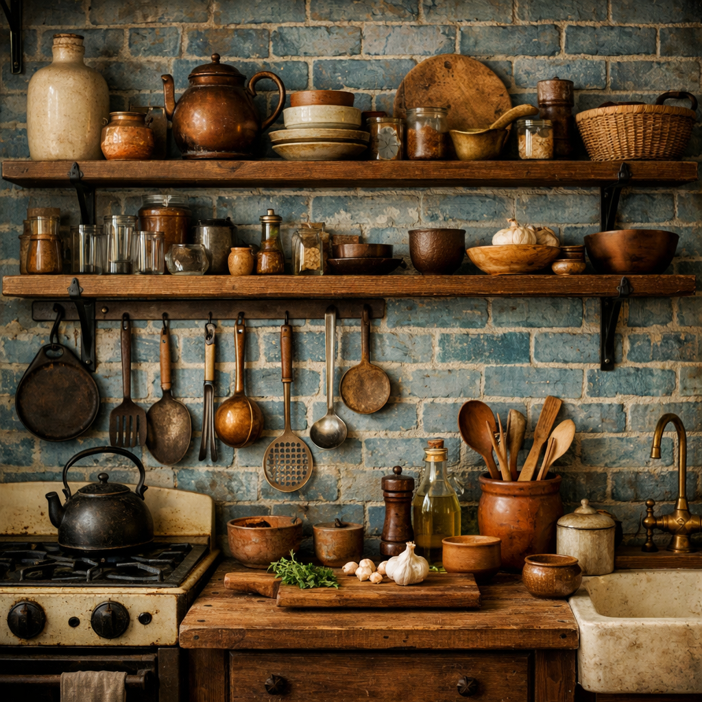 A kitchen featuring a cerulean blue brick wall with wooden shelves stocked with rustic kitchenware.