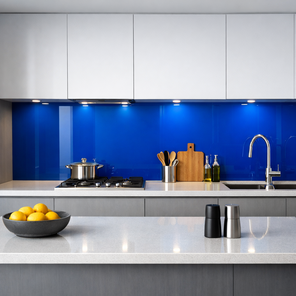 Modern kitchen with cobalt blue glass backsplash, grey cabinetry, and bright countertop, featuring bowls of lemons and stylish kitchen utensils.