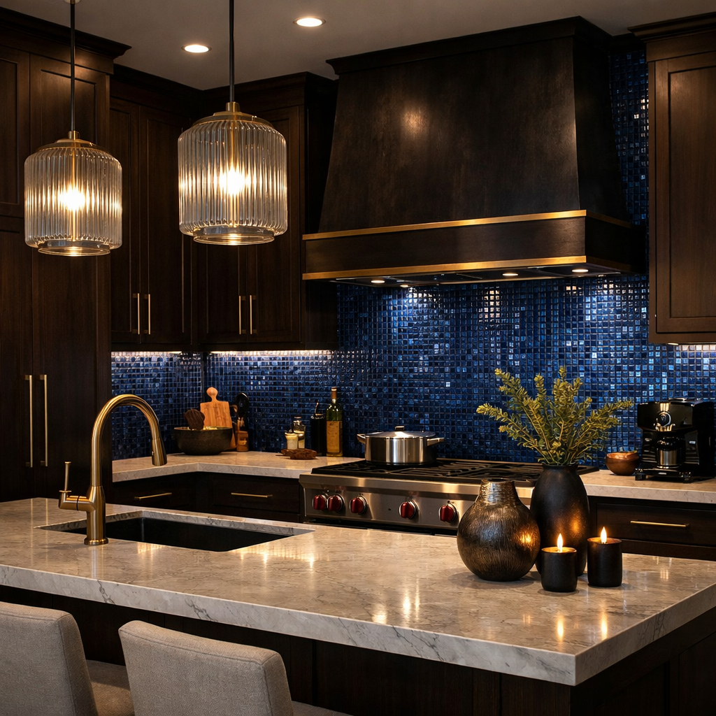 A modern kitchen featuring deep blue shimmering tiles as a backsplash, dark cabinetry, and stylish lighting.