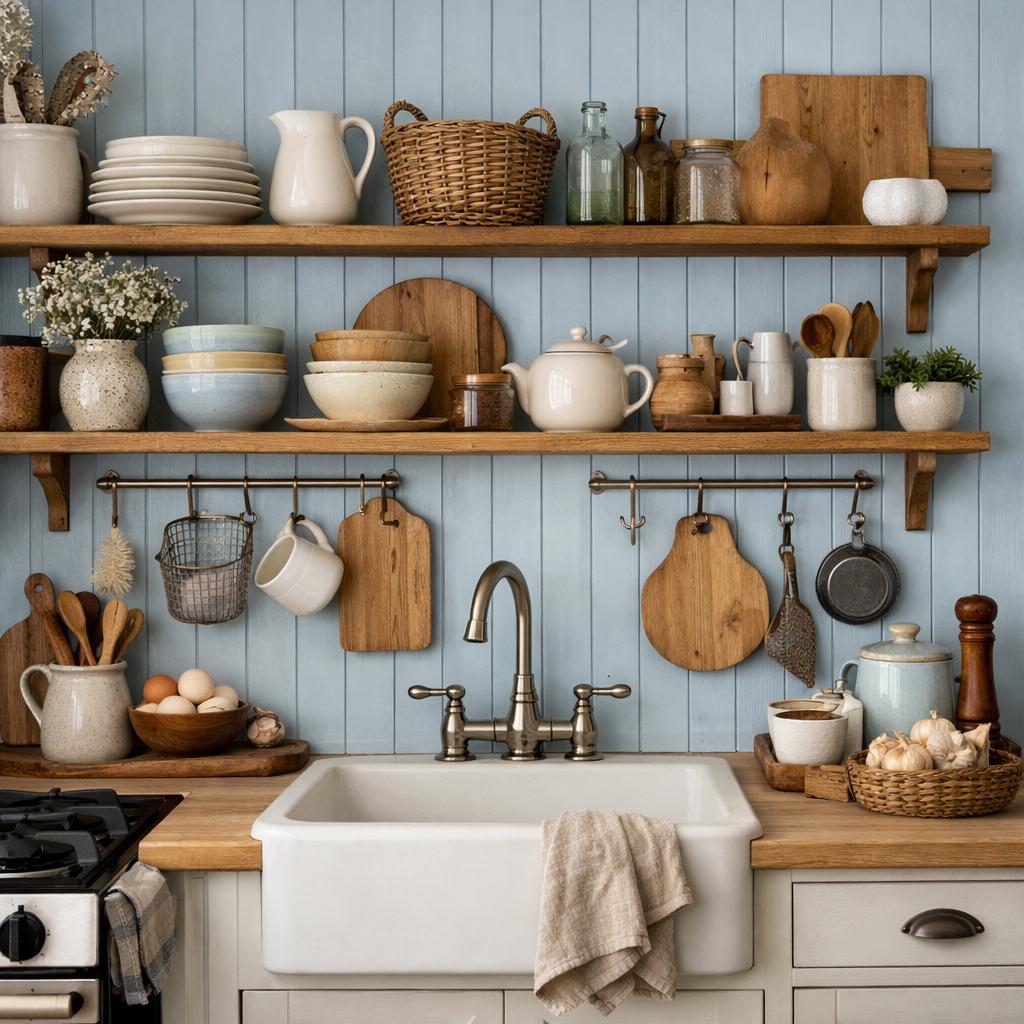 A light blue kitchen with wooden shelves filled with dishes and kitchen tools.