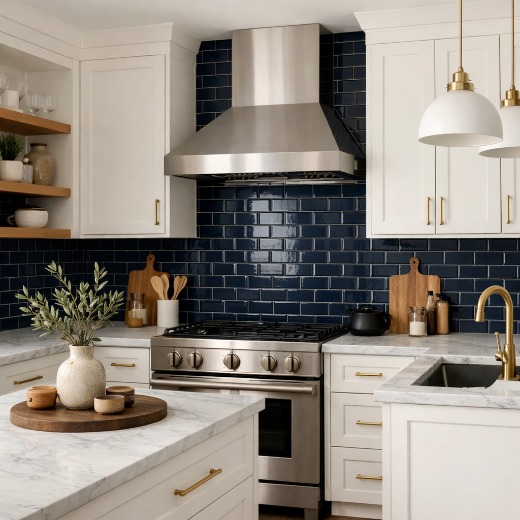 A modern kitchen featuring navy subway tile backsplash, white cabinets, marble countertops, and brass fixtures.