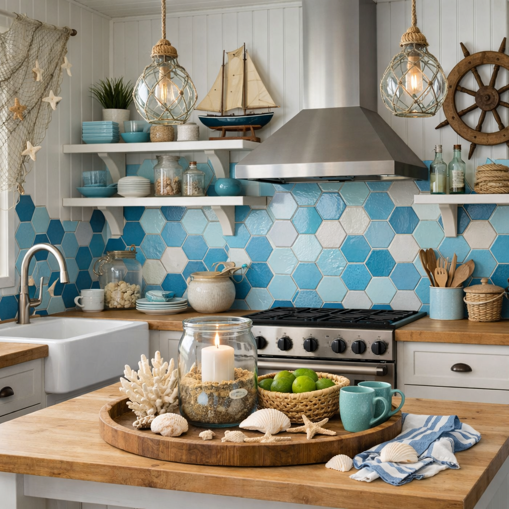 A kitchen featuring ocean-inspired hexagon tiles in shades of blue, with nautical decorations and a cozy atmosphere.