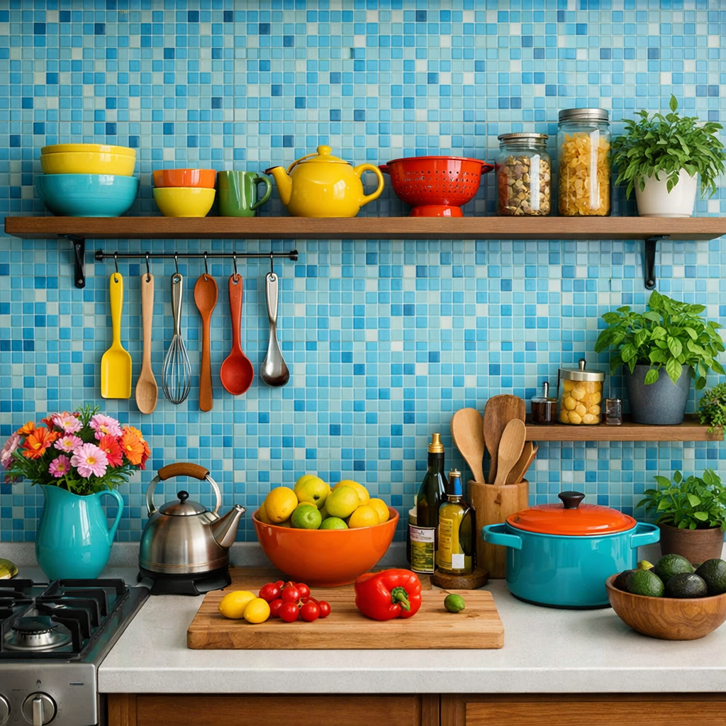 A kitchen featuring a sky blue mosaic backsplash, colorful kitchenware, and fresh produce on display.