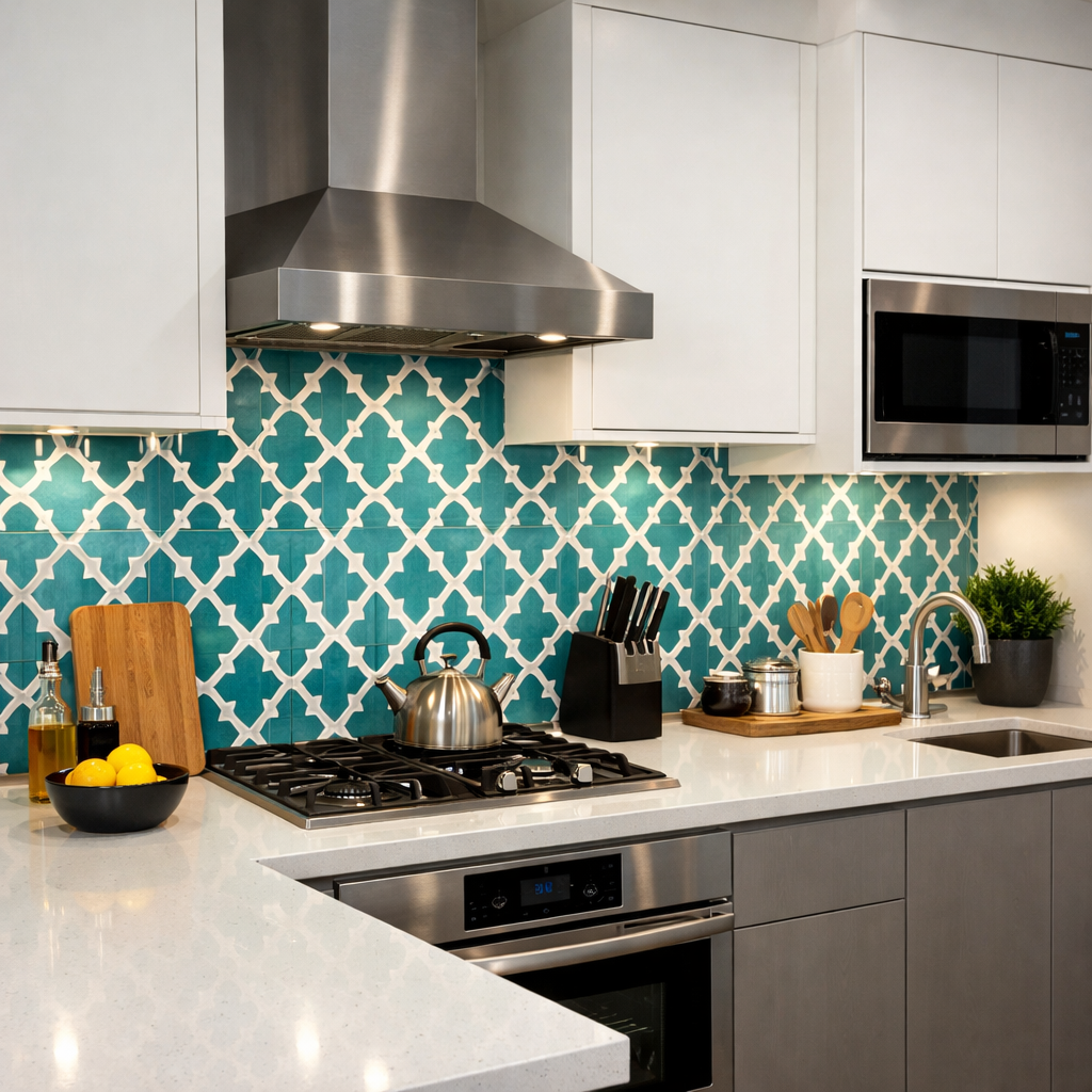 A modern kitchen featuring a turquoise tiled backsplash with a geometric pattern, white cabinets, and stainless steel appliances.