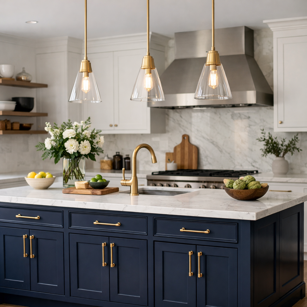 A navy blue kitchen island with white marble countertop, gold fixtures, and fresh fruit decorations.