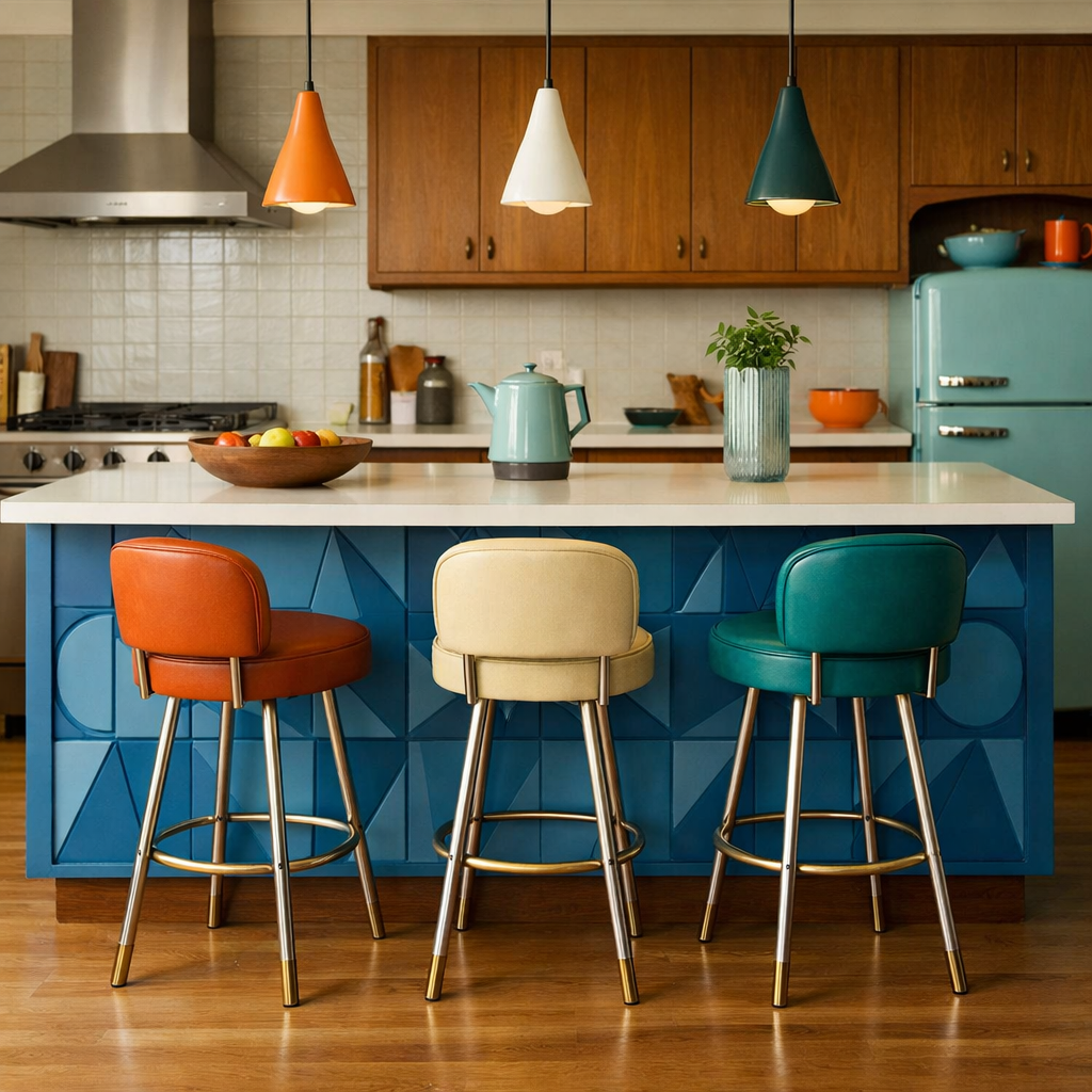A mid-century modern blue kitchen island with geometric design and colorful bar stools.