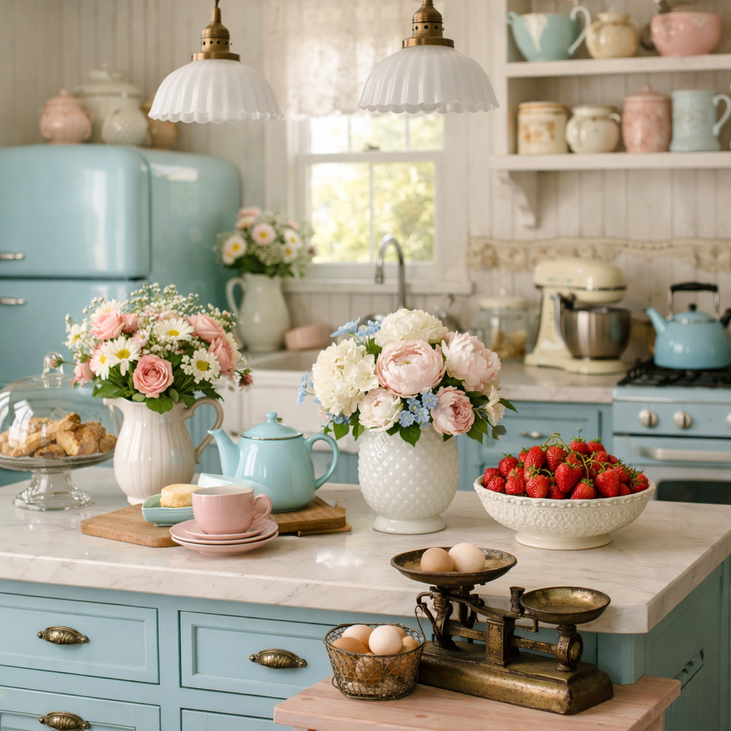 A pastel blue kitchen island featuring vintage decor with flowers, a teapot, baked cookies, and fresh strawberries.