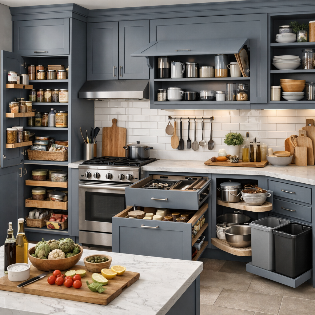 A modern kitchen featuring grey blue cabinets, organized storage solutions, and a warm ambiance
