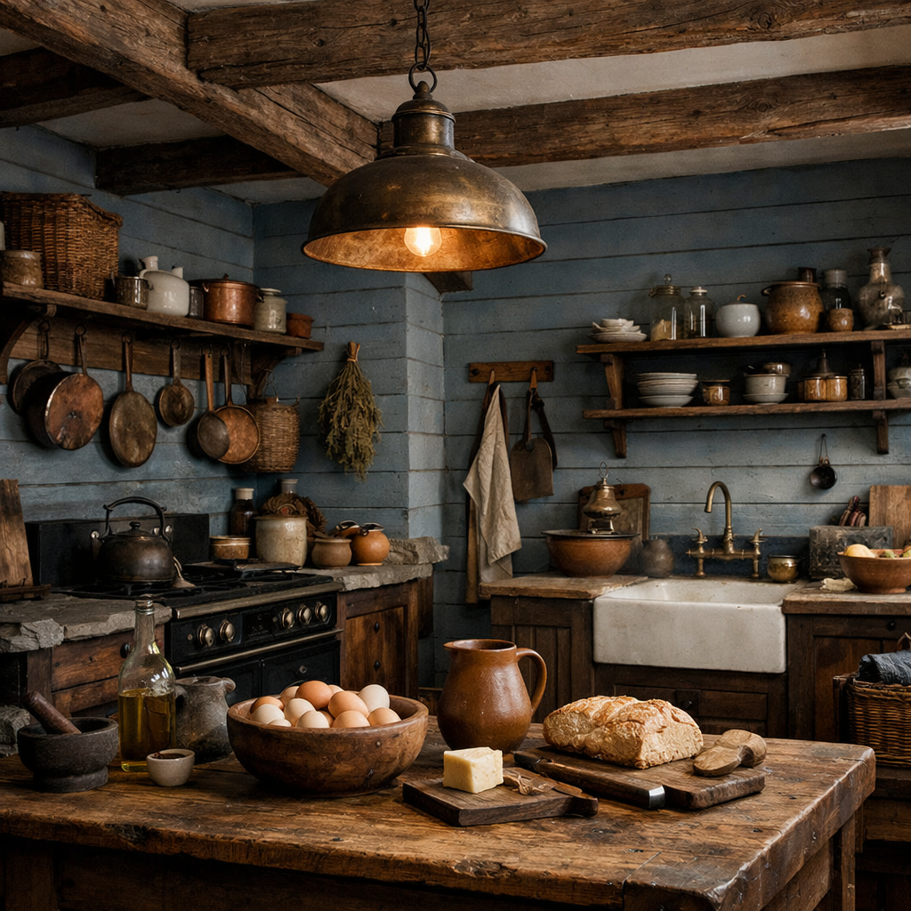 A rustic kitchen featuring grey-blue hues, wooden beams, open shelves with kitchenware, and a wooden table set with eggs, bread, and cheese.