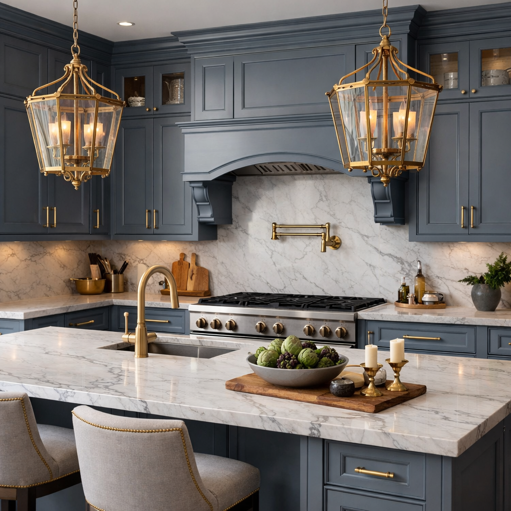 Modern kitchen featuring grey blue cabinetry, gold light fixtures, and marble countertops
