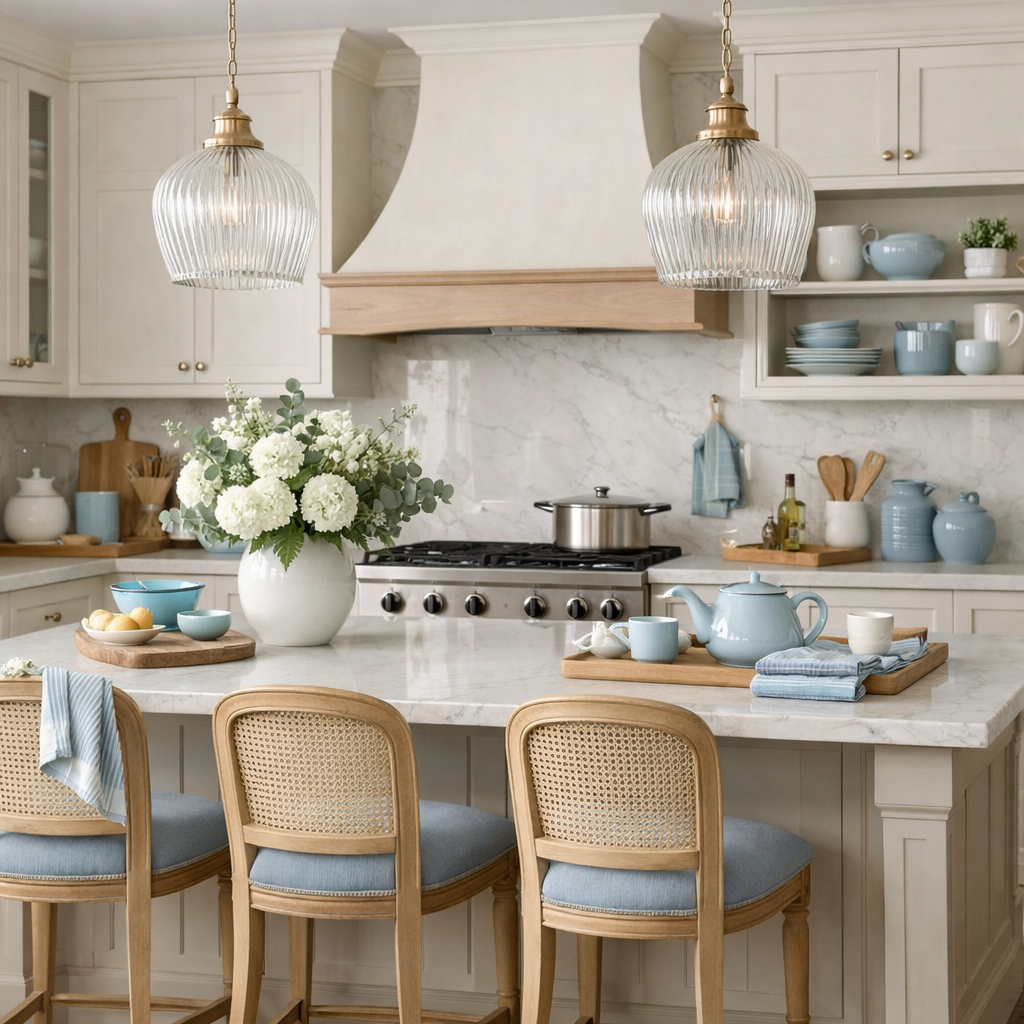 A stylish kitchen featuring baby blue accents, neutral cabinetry, and natural wood elements.