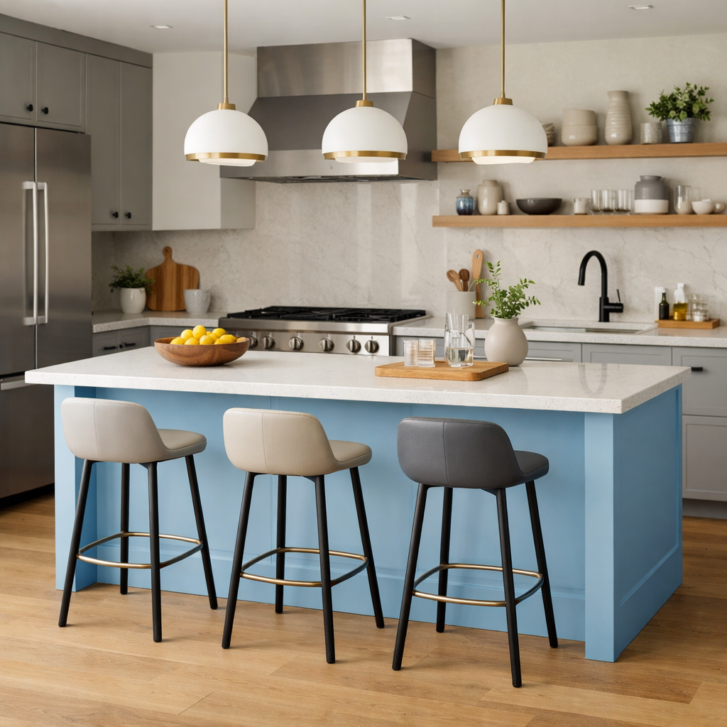 Baby blue kitchen island with stylish bar stools