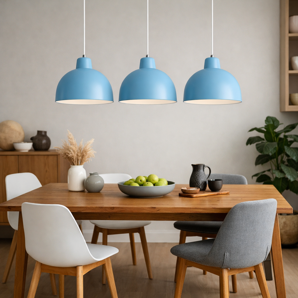 A cozy dining area featuring baby blue pendant lights above a wooden table set with green apples and a decorative vase.