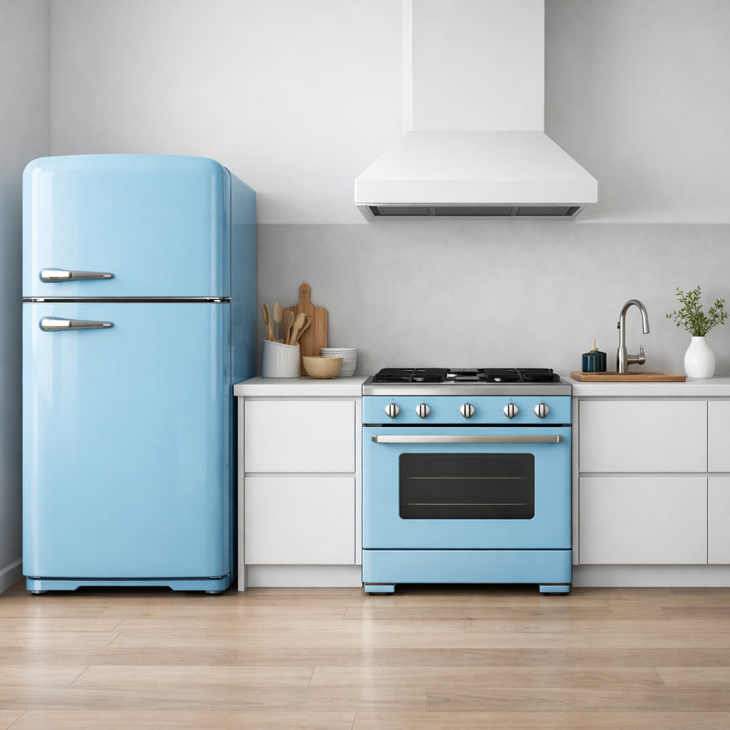 A contemporary kitchen with baby blue appliances including a refrigerator and oven.