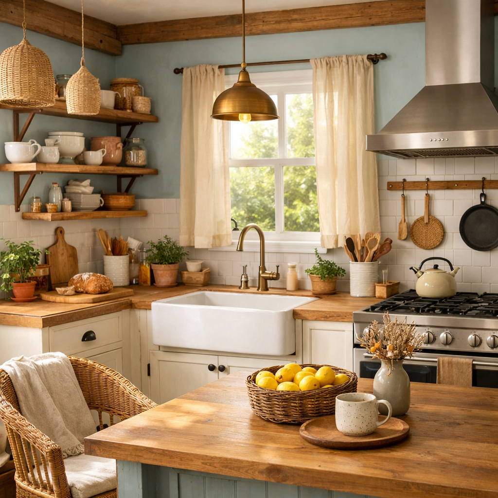 A light blue kitchen featuring natural wood elements, with open shelves displaying dishes and plants.