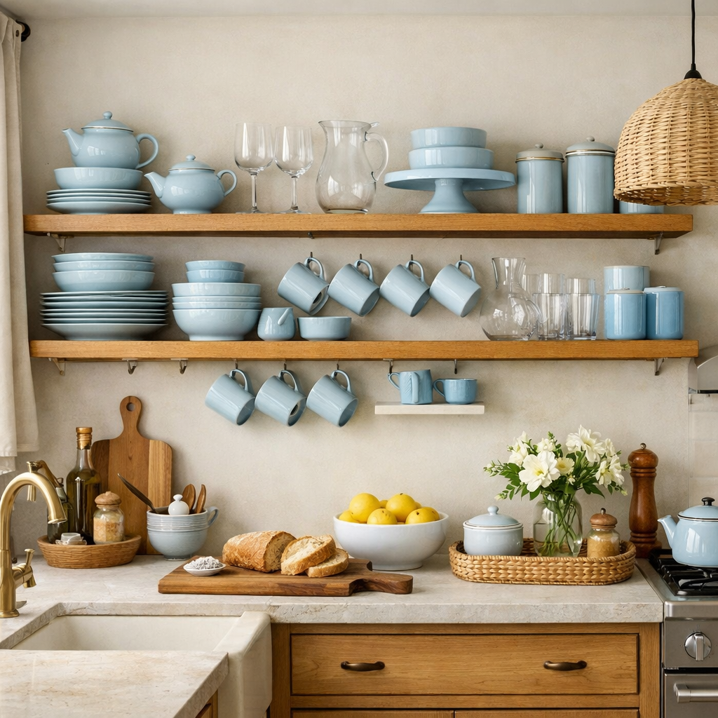 An open shelving unit displaying baby blue dishes in a kitchen, complemented by wooden accents and a cozy vibe.