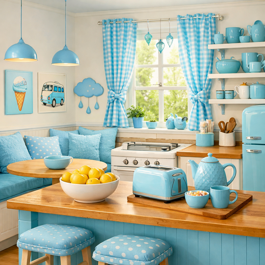 A bright and playful baby blue kitchen decorated with cheerful elements