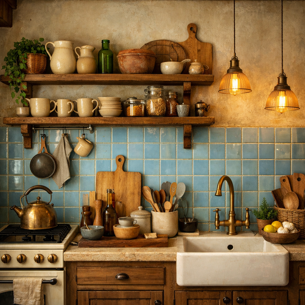 A cozy kitchen with vintage baby blue tile backsplash, wooden shelves filled with kitchenware, and warm lighting.