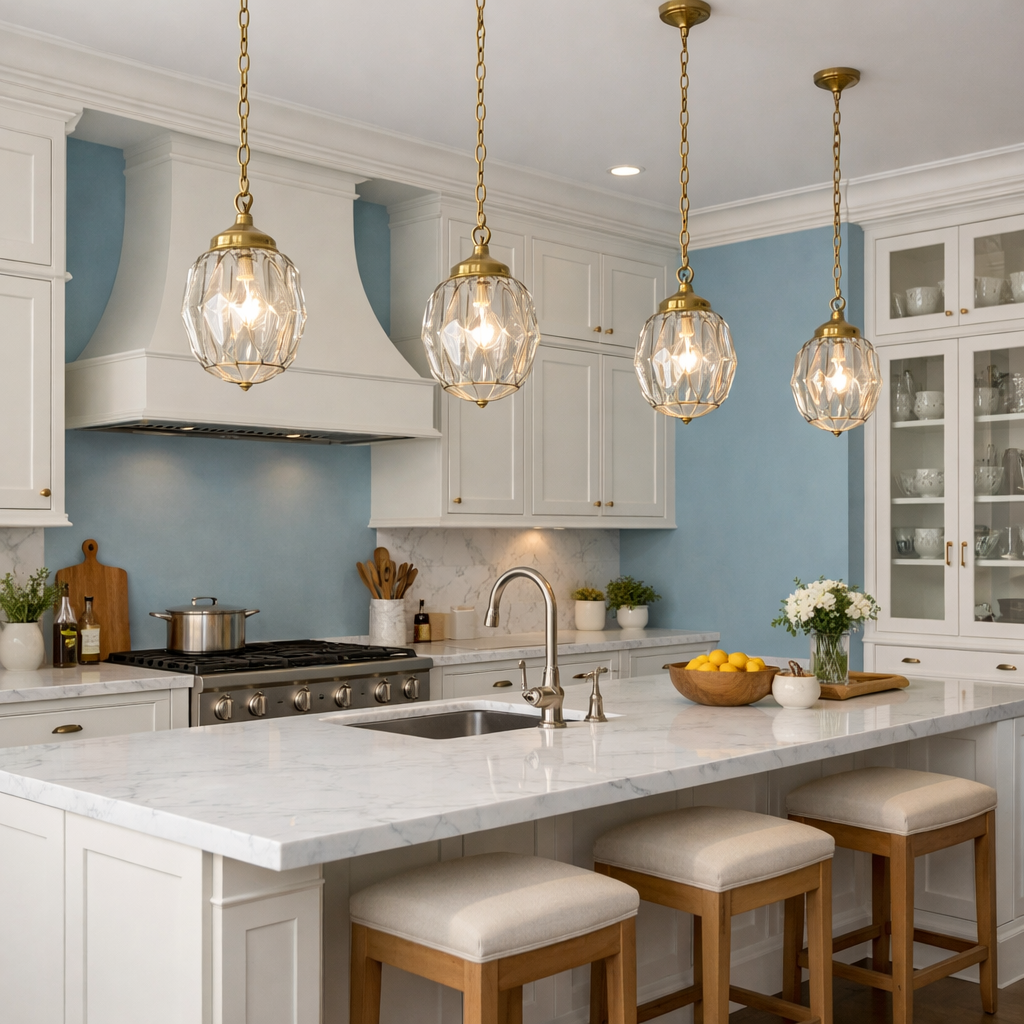 A bright kitchen with light blue accent wall and elegant pendant lights.
