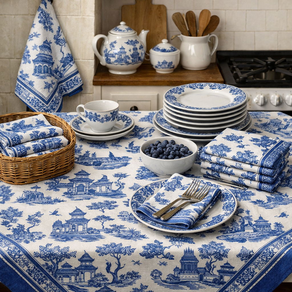 A kitchen table set with blue willow patterned textiles, dinnerware, and a bowl of blueberries.