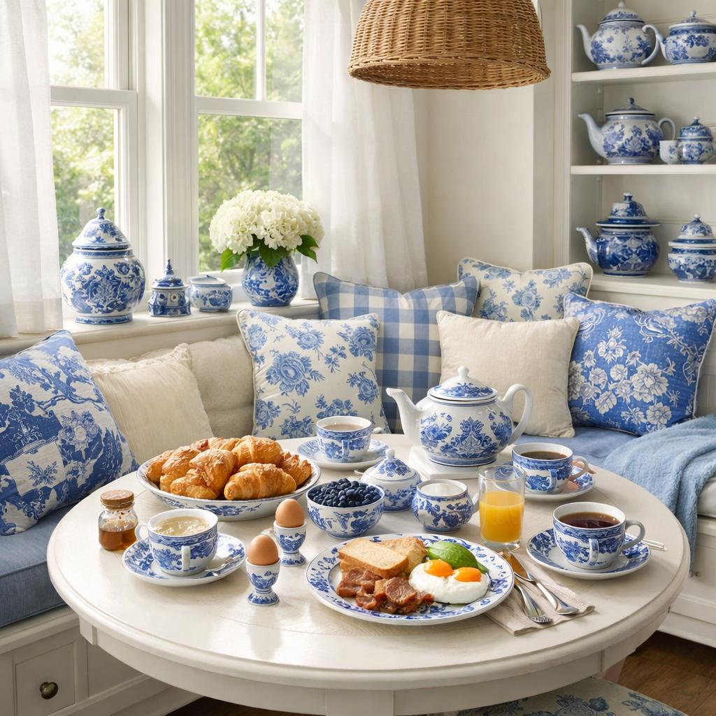 A stylish breakfast nook featuring blue and white willow-themed china, cozy cushions, and a variety of delicious breakfast items.