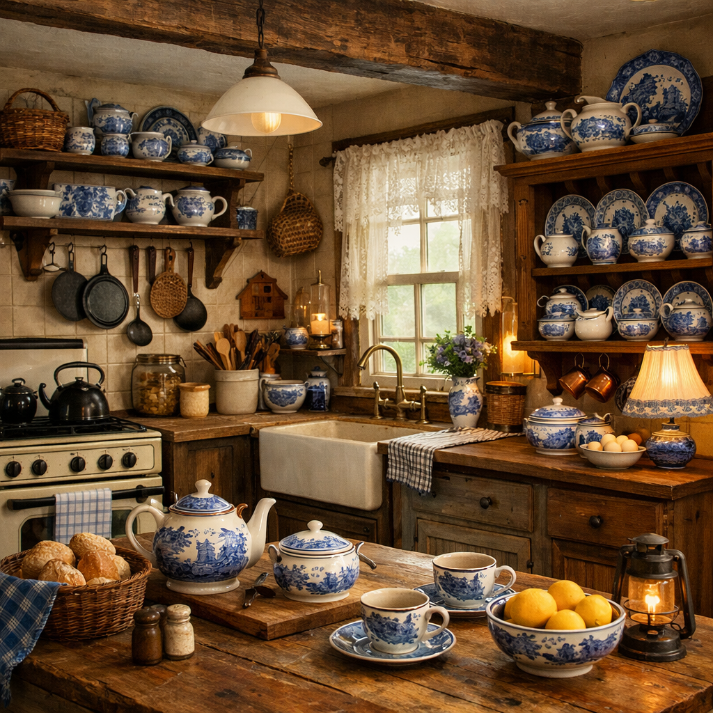 Cozy kitchen featuring vintage blue willow pottery and rustic wooden elements.