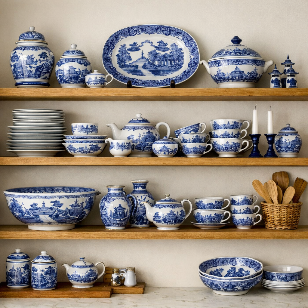 Open shelving showcasing various pieces of Blue Willow china arranged on wooden shelves.