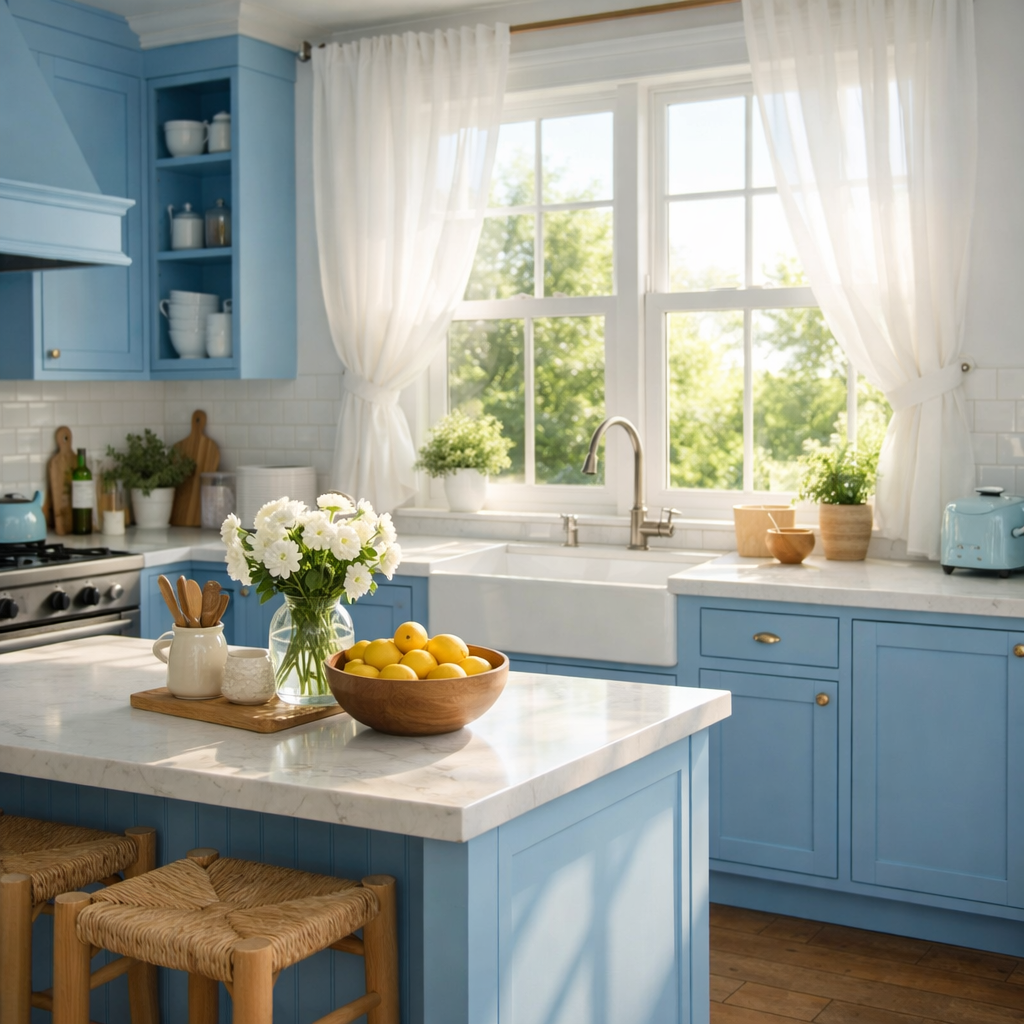 Bright blue cottage kitchen with airy white window treatments and natural light