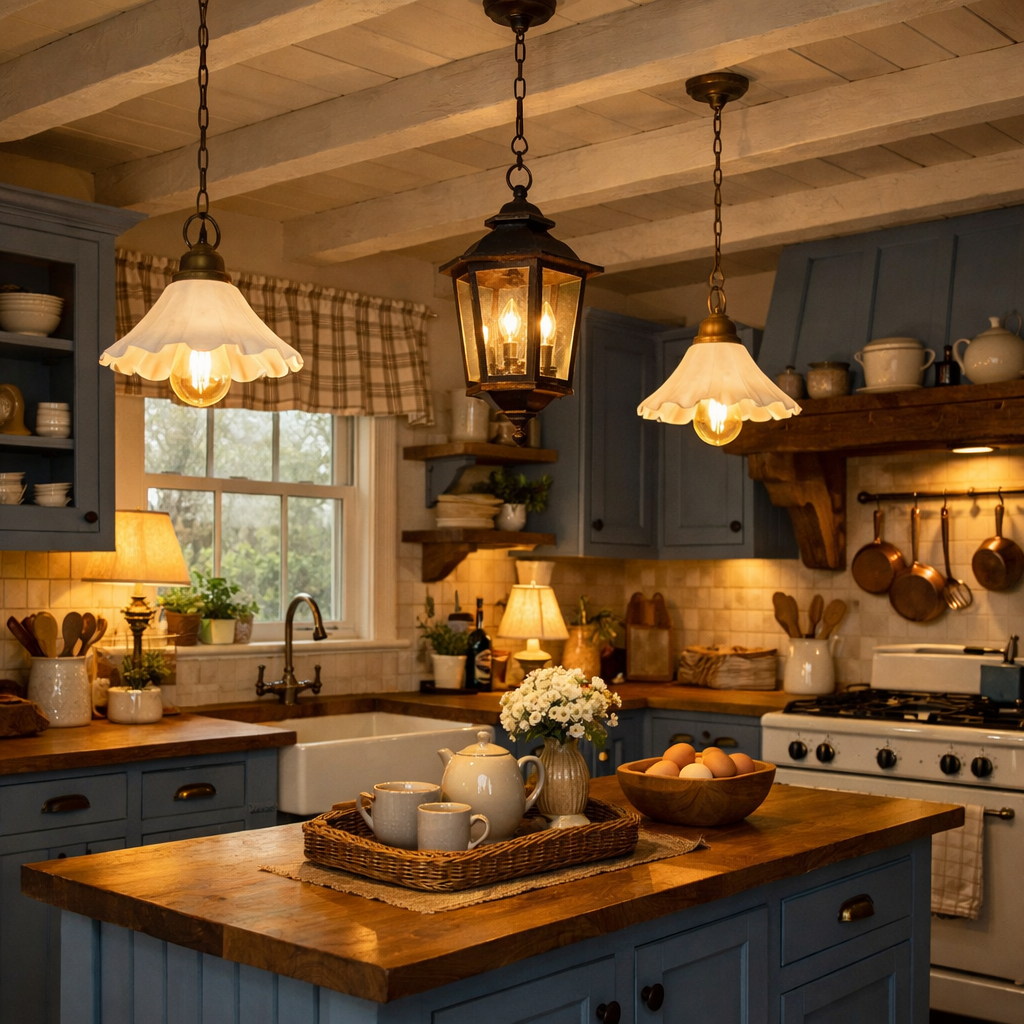 Charming lighting fixtures in a blue cottage kitchen with pendant lights and a lantern.