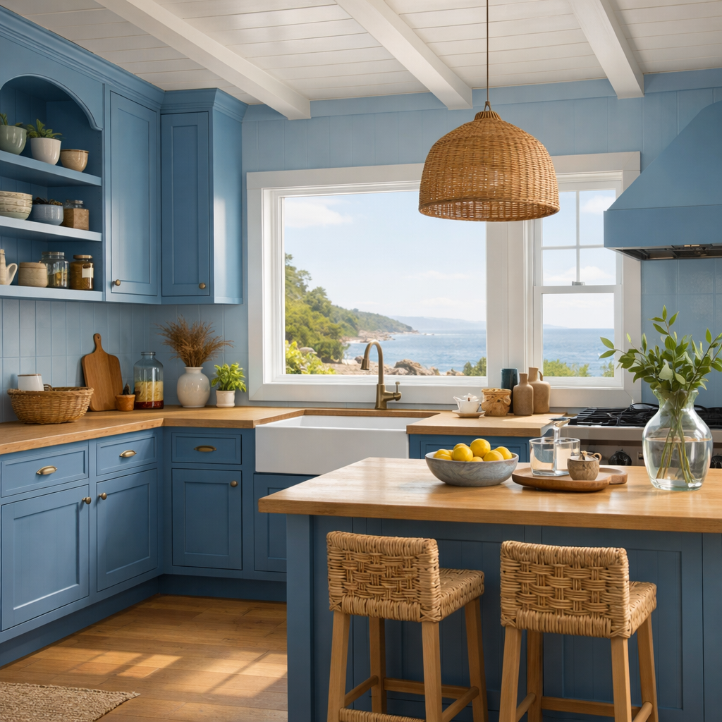 A bright blue cottage kitchen with wooden accents and a view of the coast.
