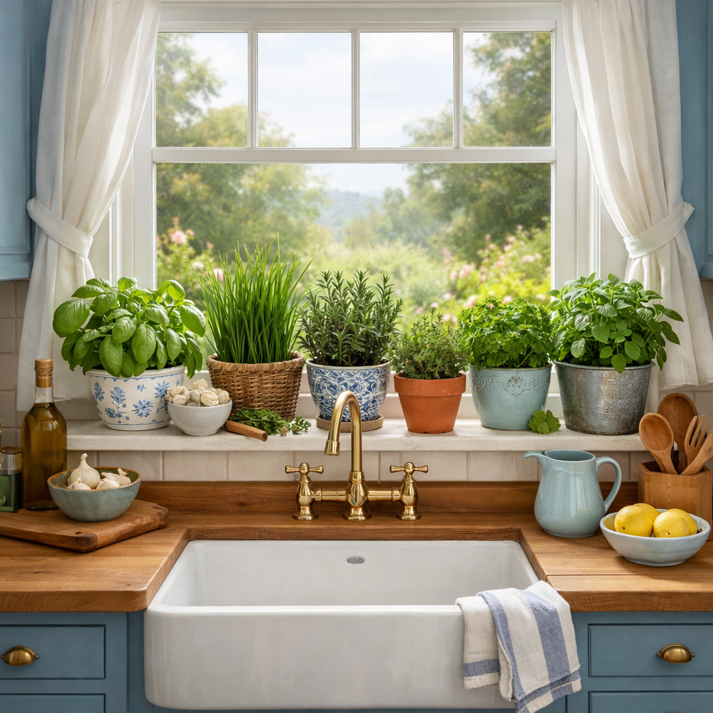 A sunny kitchen windowsill filled with various potted herbs in a blue cottage kitchen.