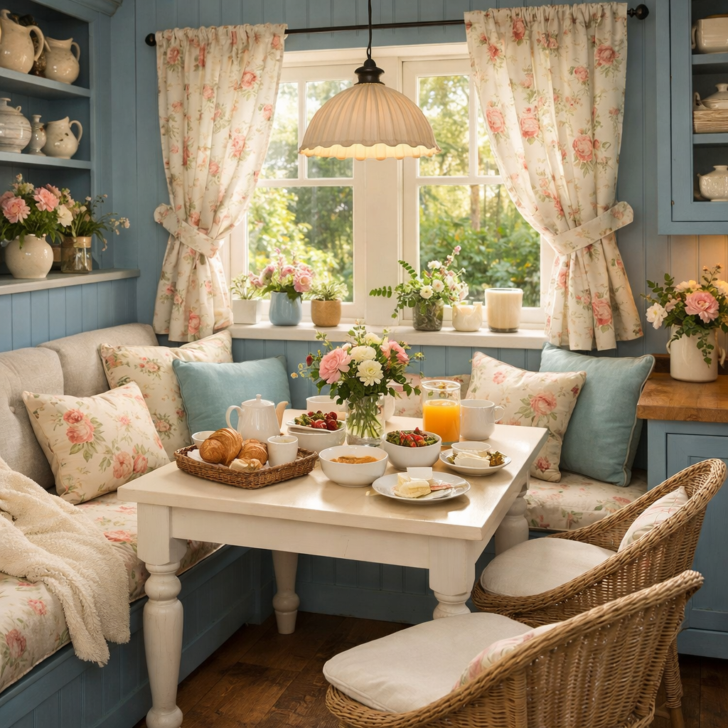A cozy blue cottage kitchen breakfast nook with a table set for breakfast.