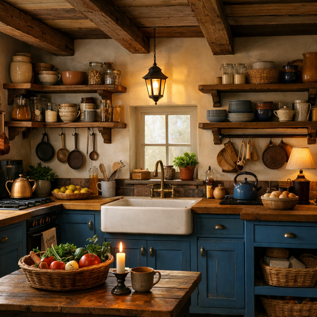 A rustic blue cottage kitchen featuring wooden accents, open shelving, and a farmhouse sink.