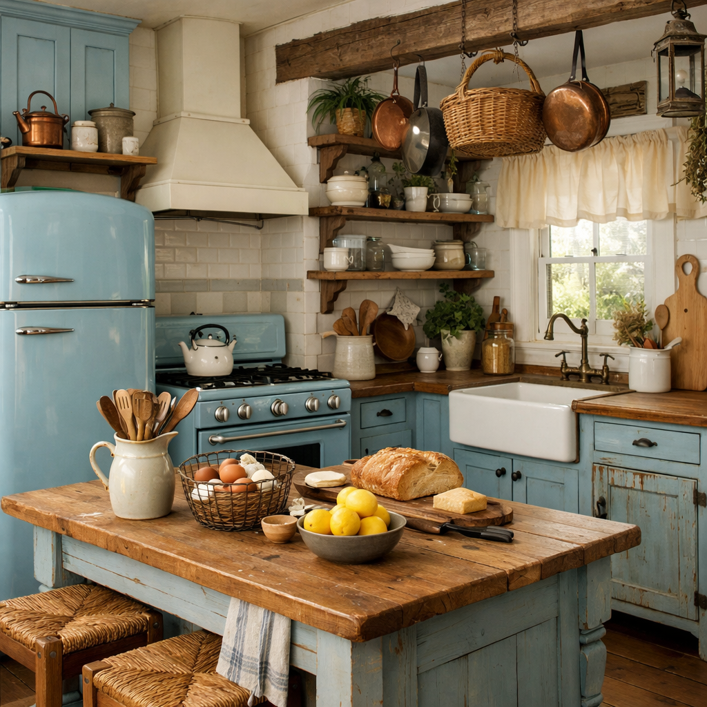 A vintage farmhouse kitchen with blue cabinets, wooden shelves, and a rustic table set with bread, lemons, and eggs.