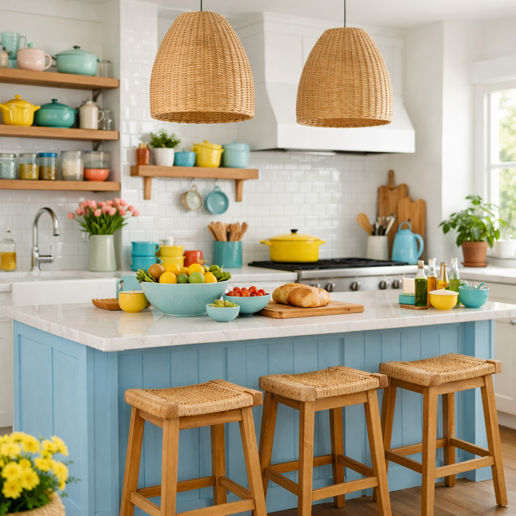 A bright pastel blue kitchen island surrounded by colorful kitchenware and fresh produce.