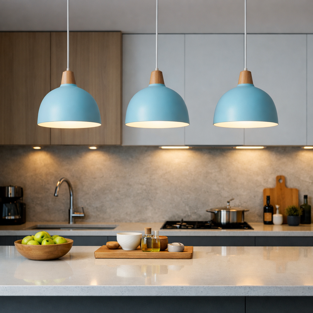 Three pastel blue pendant lights hanging over a kitchen countertop.