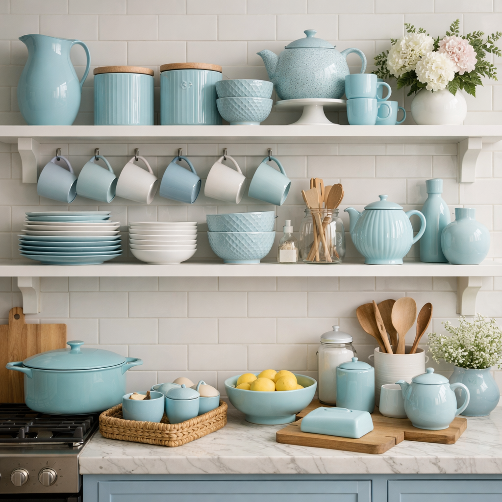 A pastel blue kitchen with shelves filled with blue kitchenware and white dishes, highlighting elegant accents.
